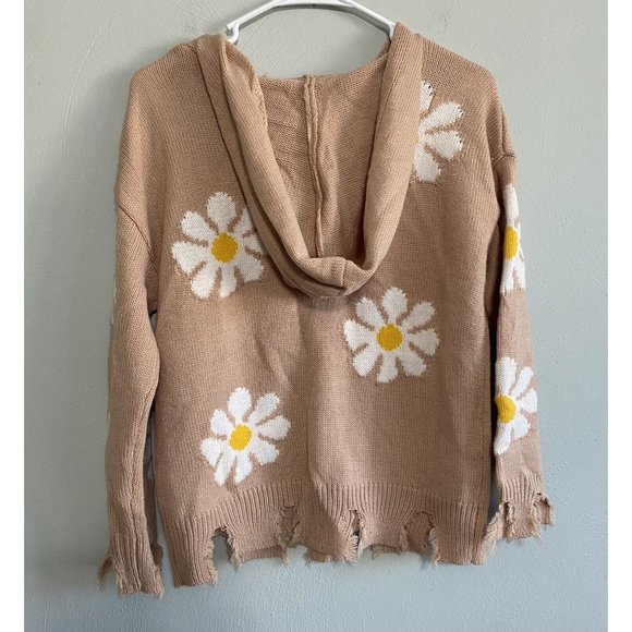 Hazel Moon Women’s Small Flower V-Neck Pullover Hoodie Sweater Distressed Hem - Picture 4 of 7